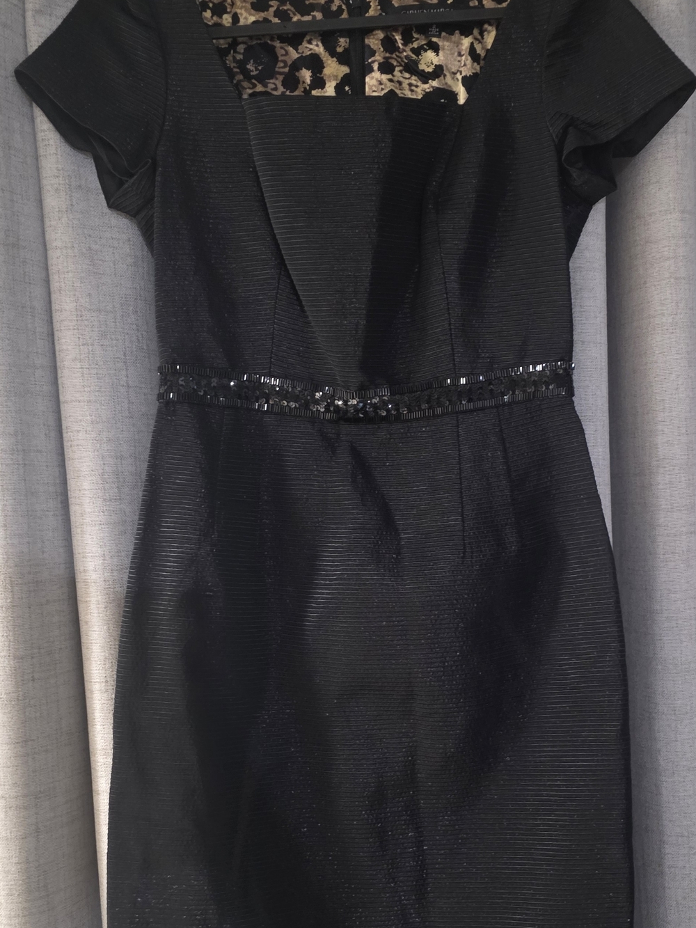Carmen Marc Valvo Black Sequin-Waist Midi Sheath Dress
